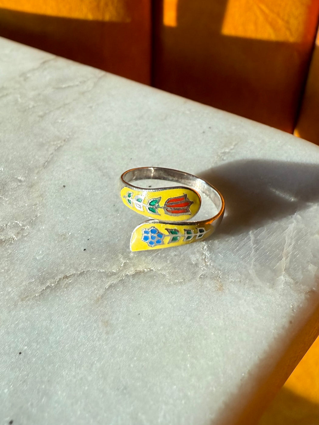Floral Yellow Enamel Sterling Silver Ring Size 7.25