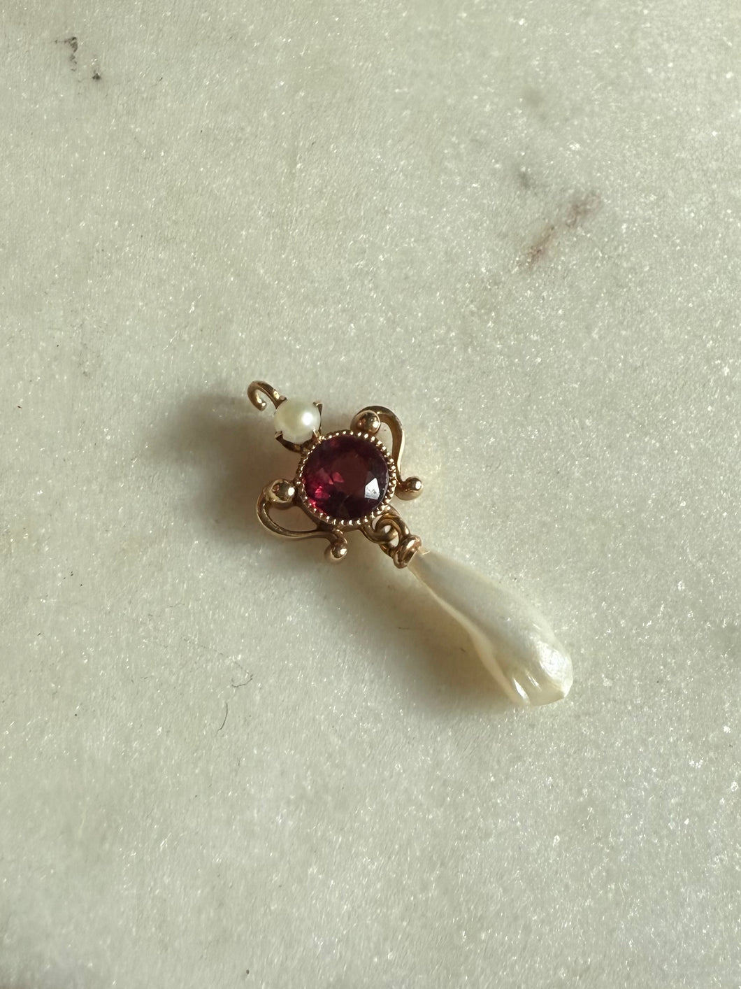 Antique 14k Rosey Gold Garnet & Pearl Charm