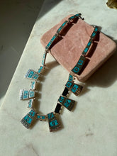 Load image into Gallery viewer, Vintage Modernist Era Mexican Crushed Turquoise Inlay Solid Sterling Silver Collar Necklace
