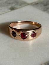 Load image into Gallery viewer, Garnet Starburst 10k Gold Trilogy Ring
