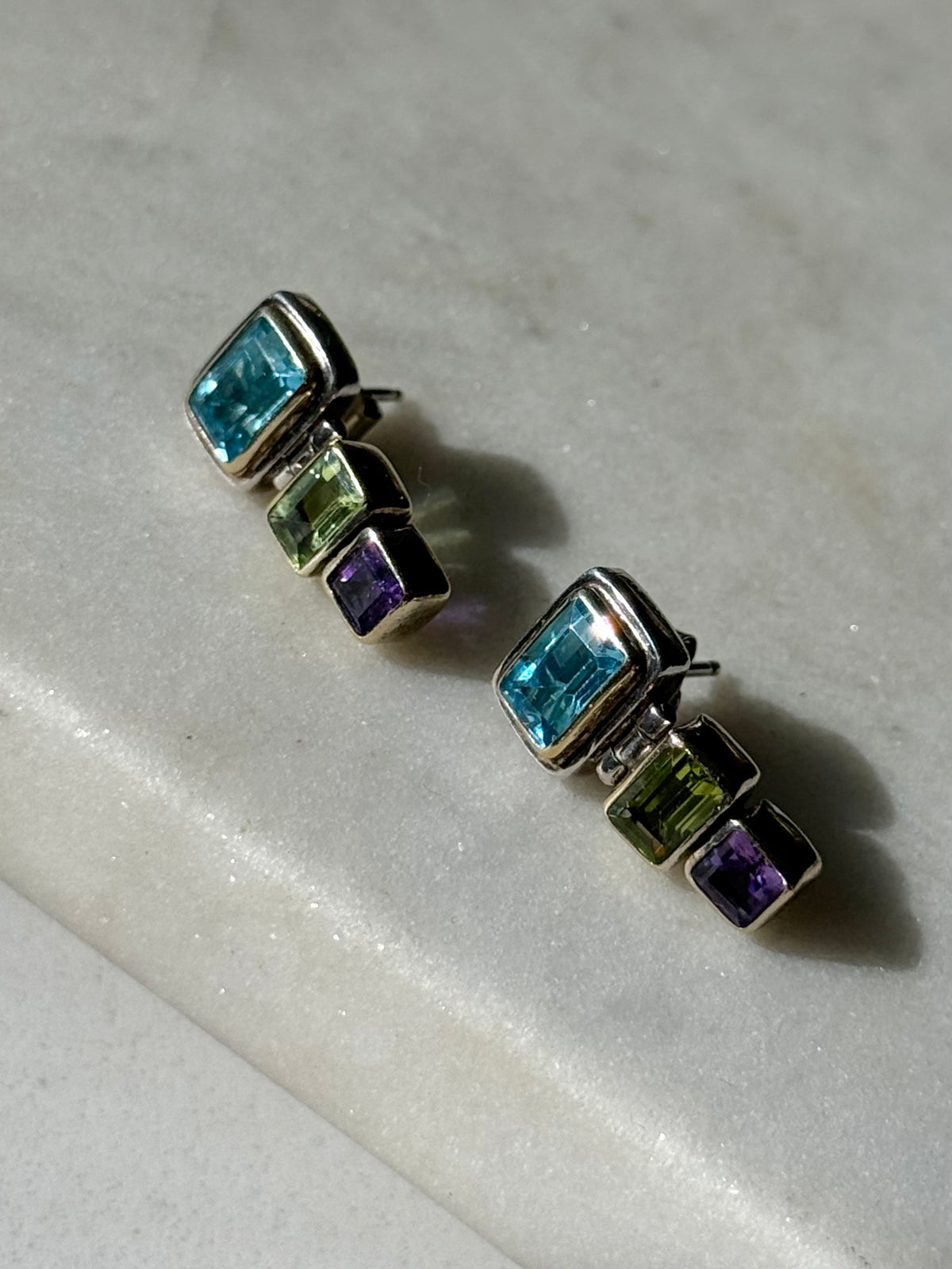 Blue Topaz, Peridot & Amethyst Sterling Silver Earrings