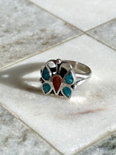 Load image into Gallery viewer, Crushed Coral &amp; Turquoise Sterling Silver Butterfly Ring Size 7.75
