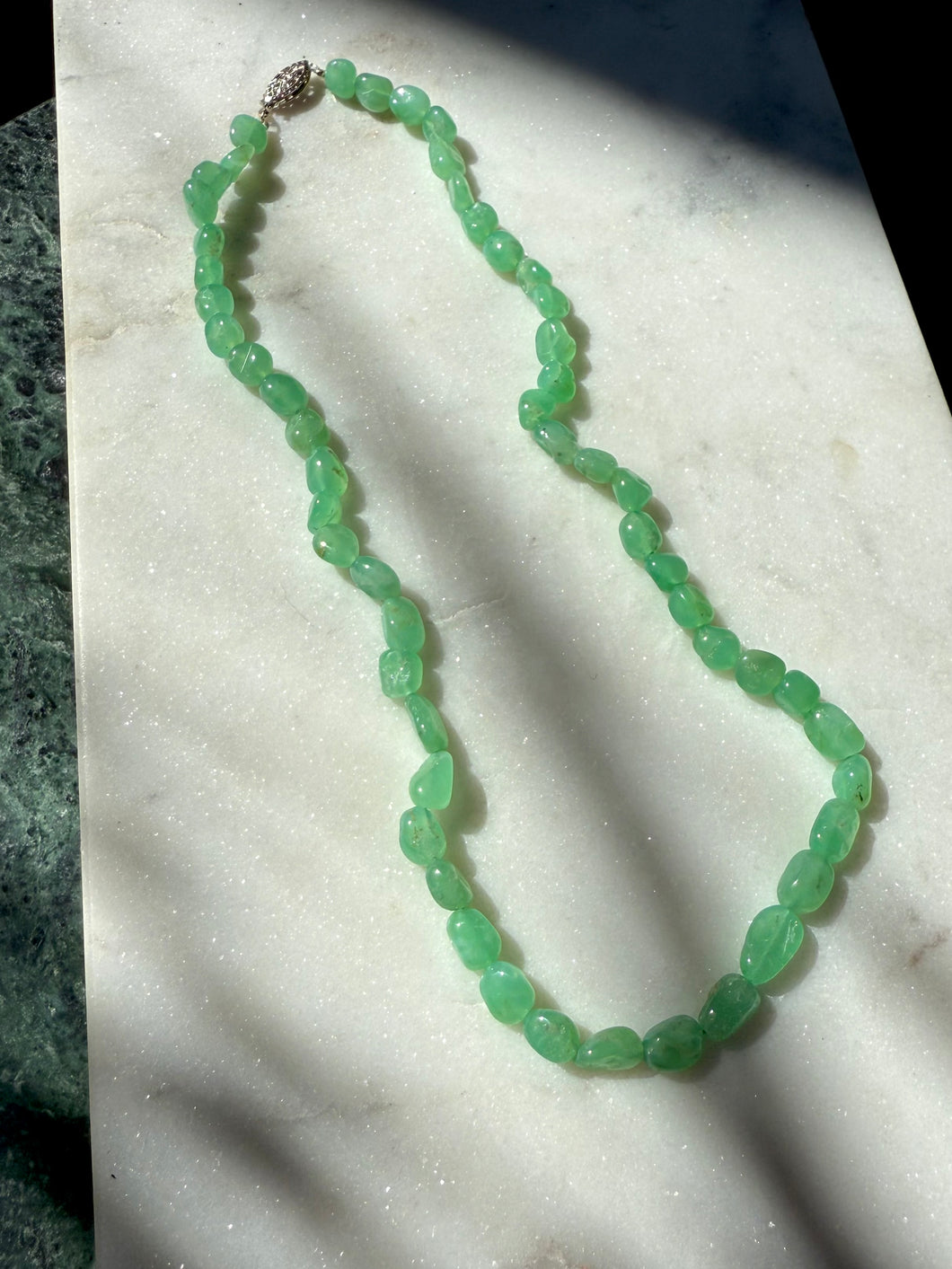 Green Glass Faux Jade Sterling Silver Necklace 17”