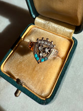 Load image into Gallery viewer, Rose Cut Diamond Seed Pearl Turquoise Victorian 10k Rosey Gold Ring Size 5.25
