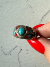 Load image into Gallery viewer, Crushed Turquoise &amp; Coral Inlay Sterling Ring 8.25
