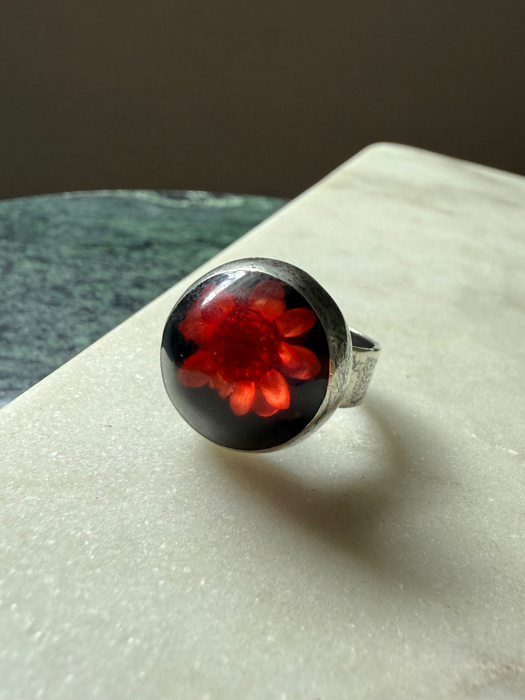 Red Black Flower Sterling Silver Ring Size 9