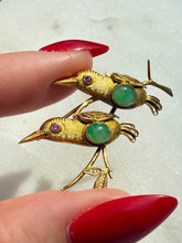 Load image into Gallery viewer, Vintage 14k Yellow Gold Jade &amp; Pink Sapphire Love Bird Brooch
