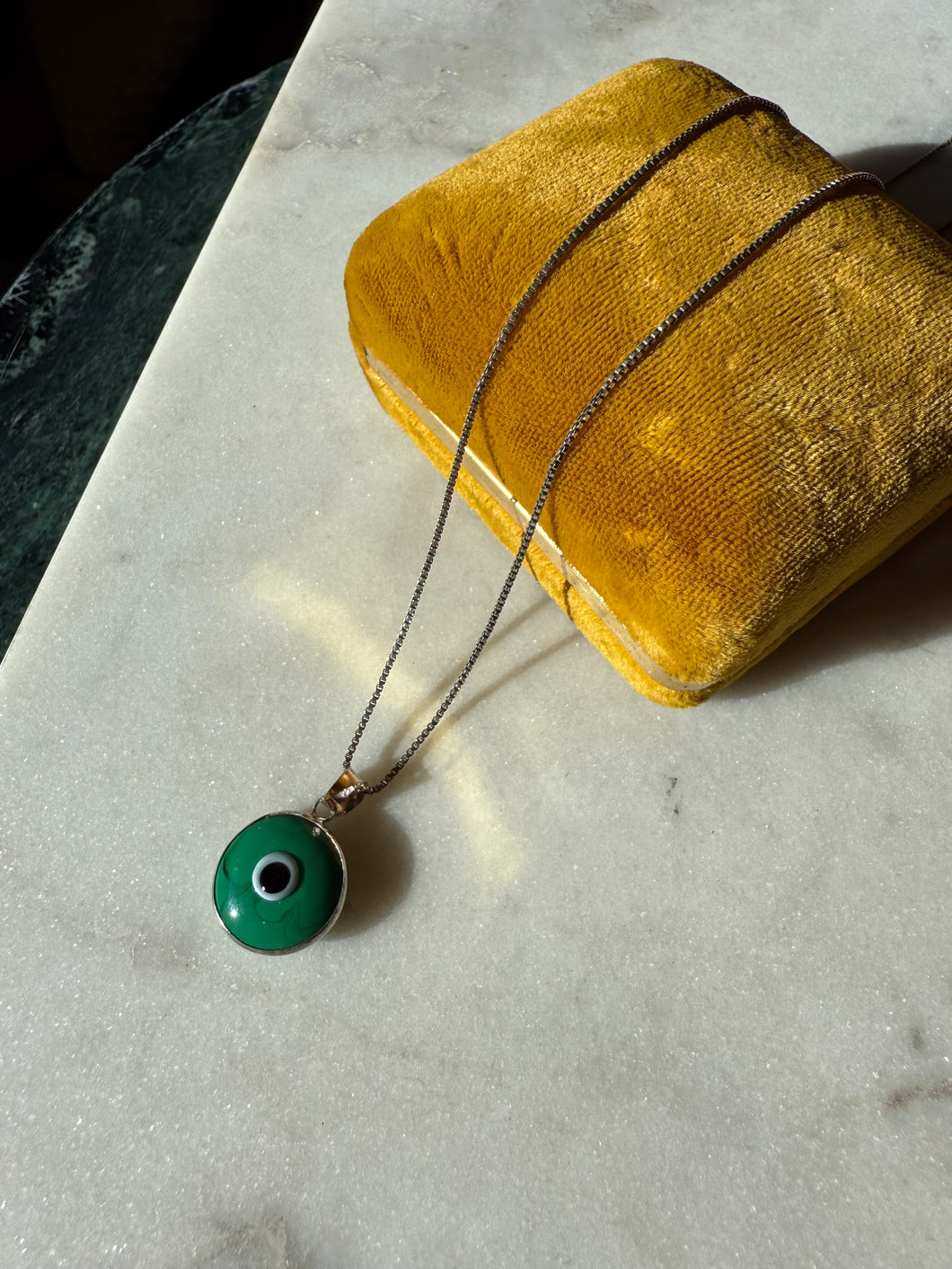 Green Evil Eye Protection Sterling Silver Necklace 17”