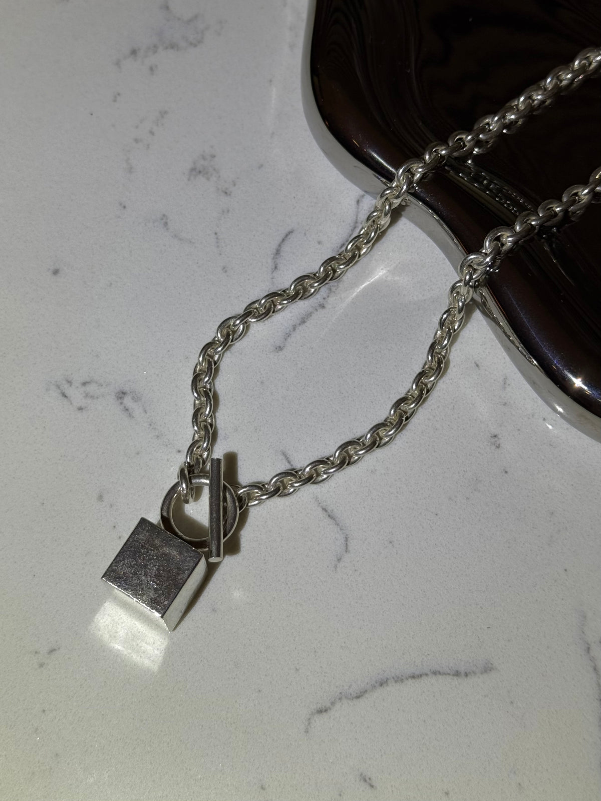 Vintage Cable Link Solid Block Box Square Toggle Clasp Sterling Silver Chain 16”