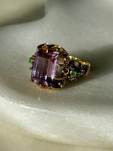 Load image into Gallery viewer, Victorian Purple Spinel 18k Gold Ring w/ Rose Cut Diamonds &amp; Emeralds Size 6.5
