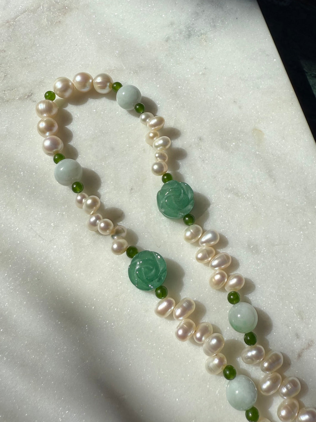 Faux Pearl & Jade Sterling Silver Necklace 18.5”-20.5”