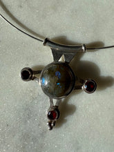 Load image into Gallery viewer, Labradorite &amp; Garnet Sterling Silver Torque Necklace 18”
