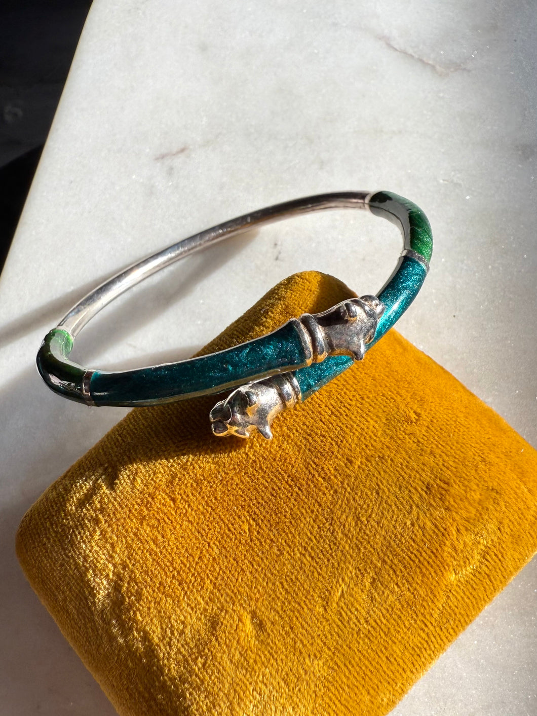 Blue & Green Enamel Dueling Panther Sterling Silver Bracelet