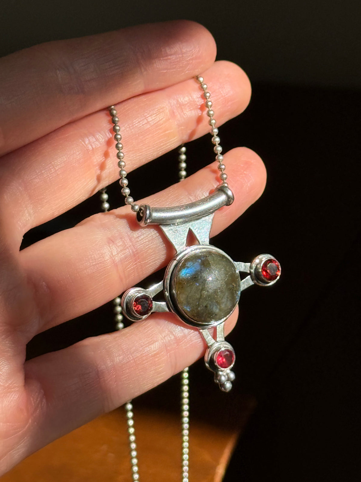 Vintage Labradorite and Garnet Sterling Silver Pendant