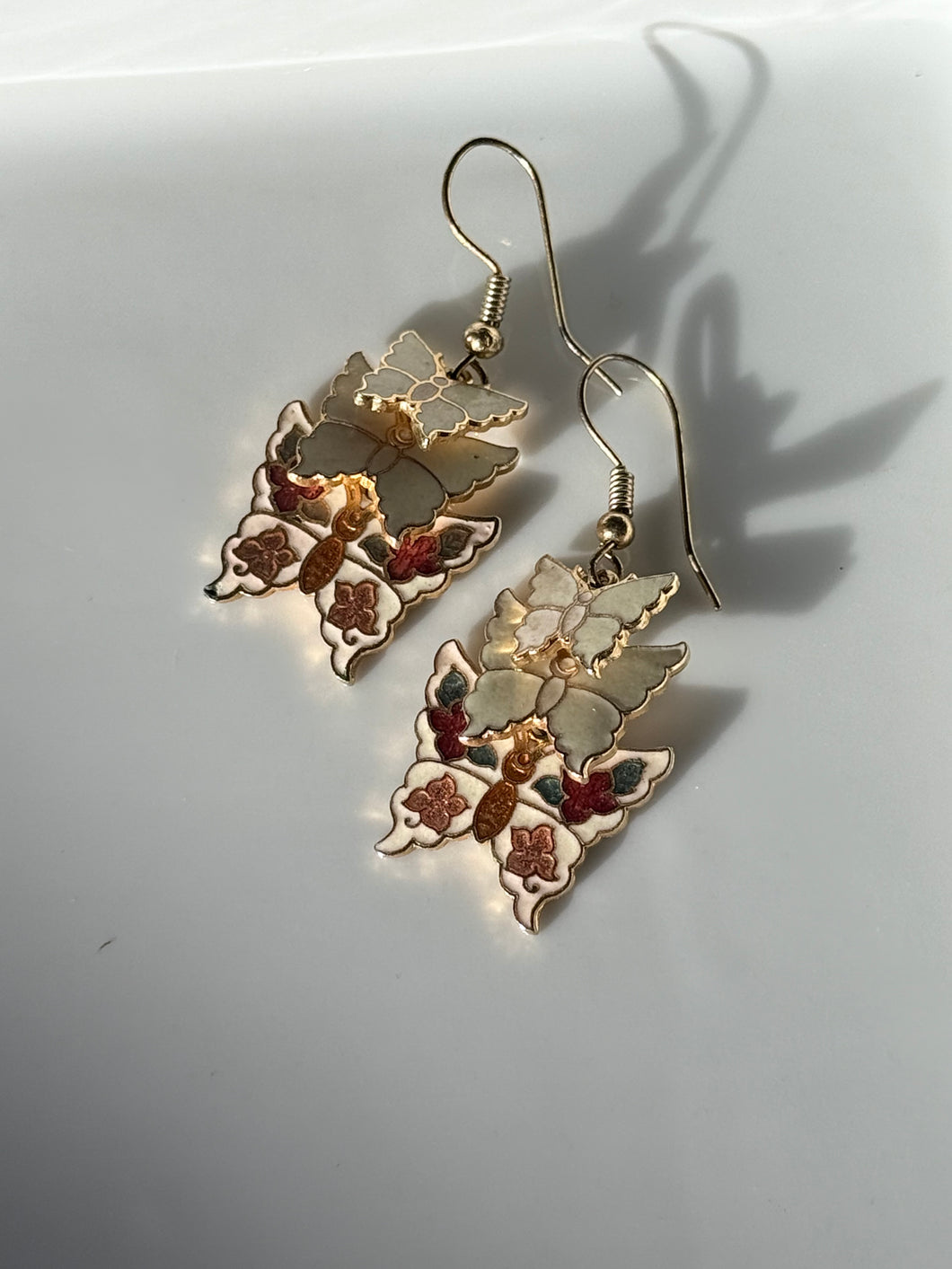 Vintage Cloisonné Enamel Butterfly Gold Plated Earrings