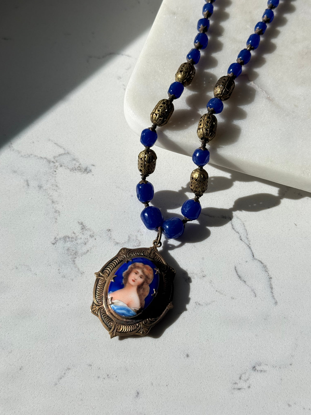 Victorian Czech Glass Bead & Brass Filigree Enamel Portrait Locket Necklace 19”