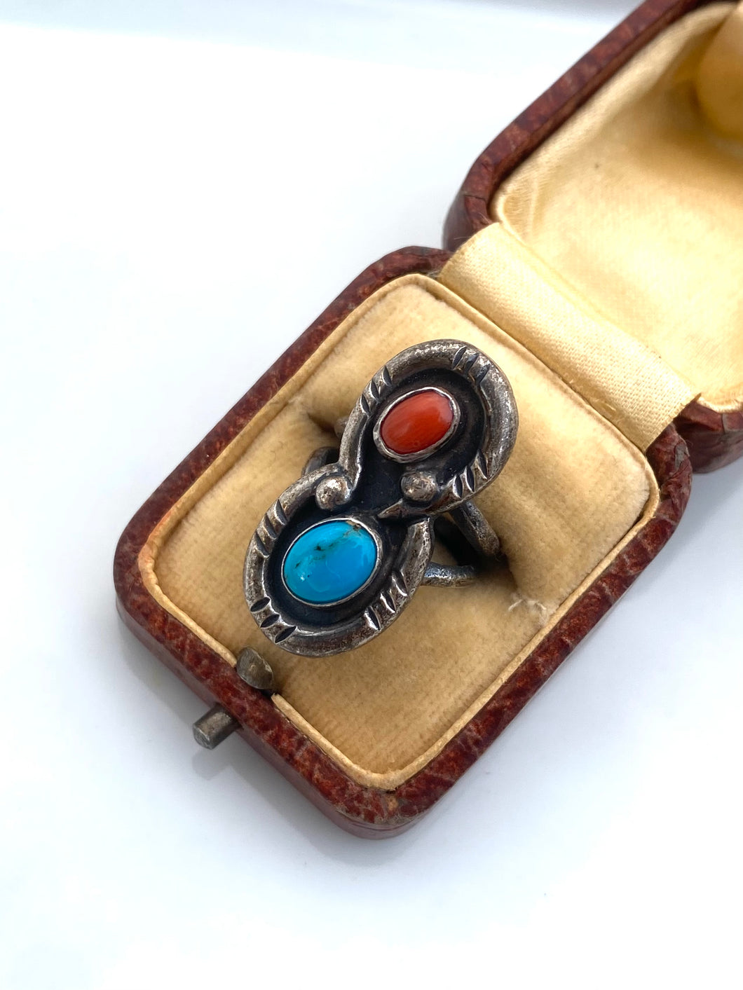 Turquoise & Coral Sterling Silver Ring