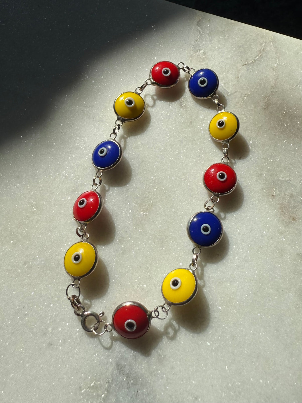 Red Yellow Blue Sterling Silver Evil Eye Bracelet 7.5”