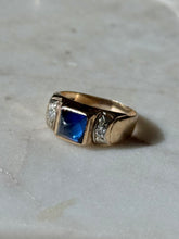 Load image into Gallery viewer, Vintage Blue Sapphire Sugarloaf &amp; Diamond Cabochon 14k Gold Ring Size 7.5
