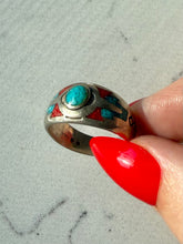 Load image into Gallery viewer, Crushed Turquoise &amp; Coral Inlay Sterling Ring 8.25
