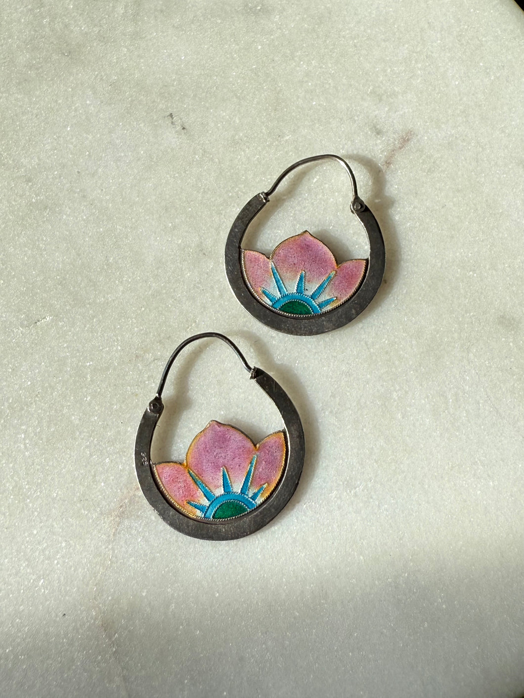 1970s Pink Enamel Flower Sterling Silver Hoop Earrings