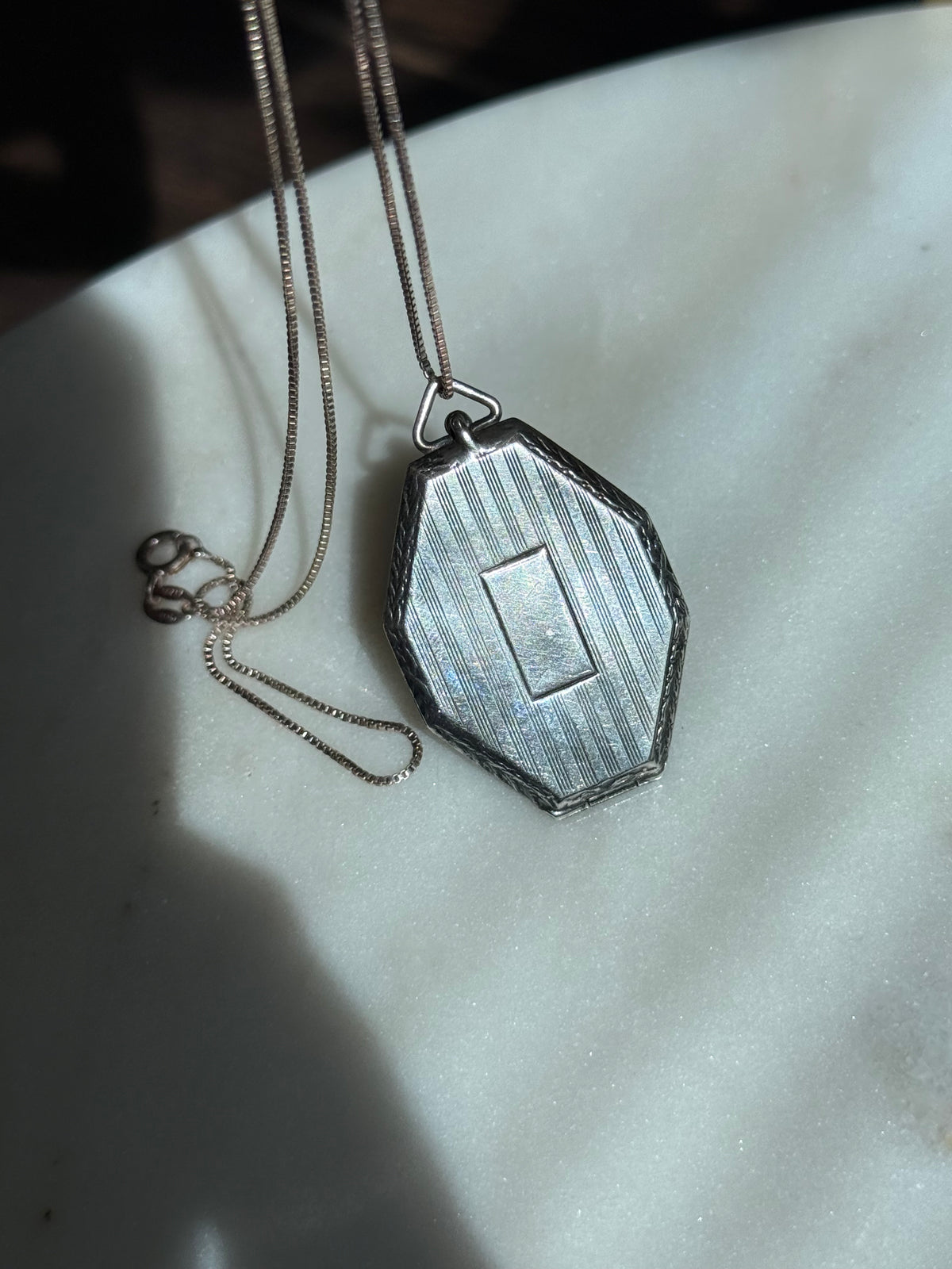 Antique Etched Locket Sterling Silver Necklace 18”