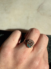 Load image into Gallery viewer, Rose Cut Diamond Seed Pearl Turquoise Victorian 10k Rosey Gold Ring Size 5.25
