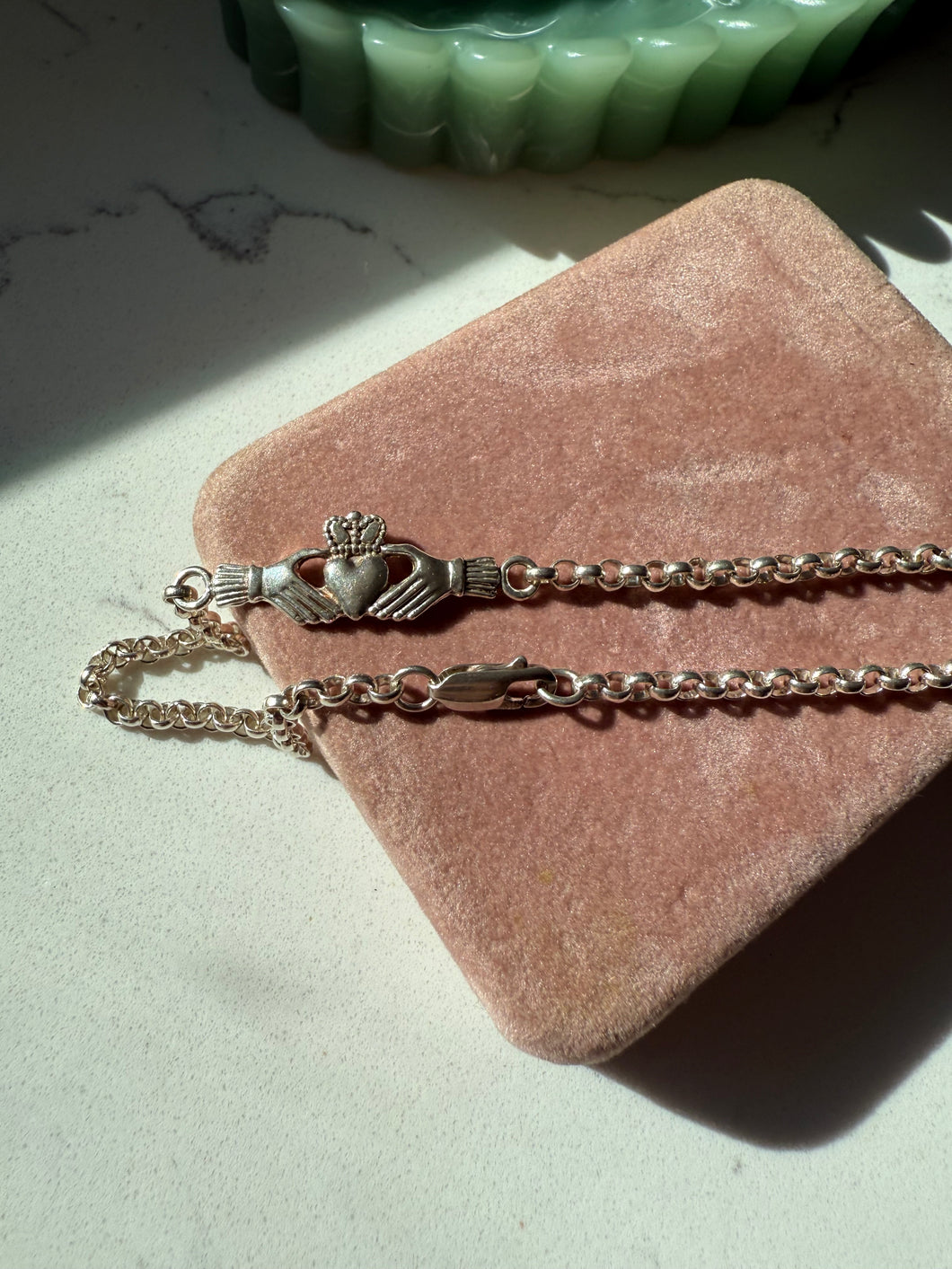 Irish Hearts of Claddagh Sterling Silver Rolo Ankle Bracelet 10”