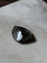 Load image into Gallery viewer, White Glass Cats Eye Sterling Silver Ring Size 8.75
