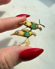 Load image into Gallery viewer, Vintage 14k Yellow Gold Jade &amp; Pink Sapphire Love Bird Brooch
