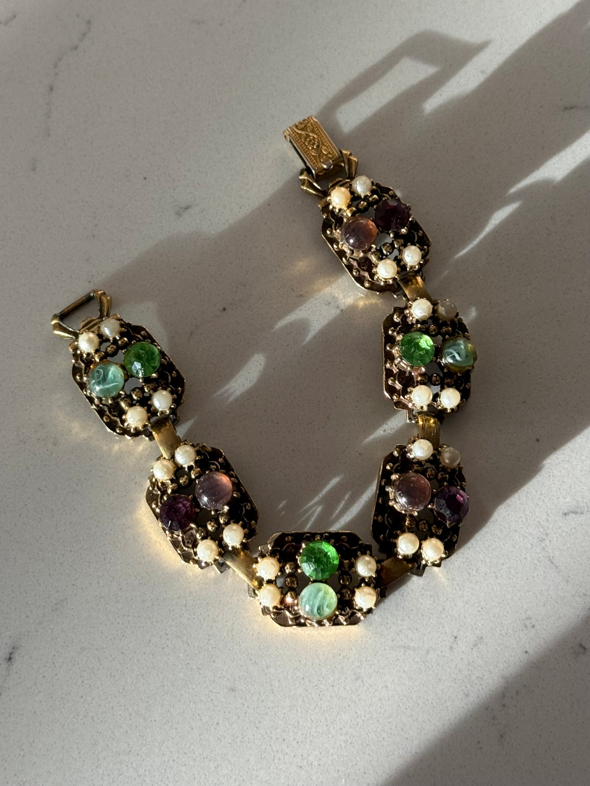 Florenza Vintage Gold Plated Gemstone Pearl Bracelet 7”