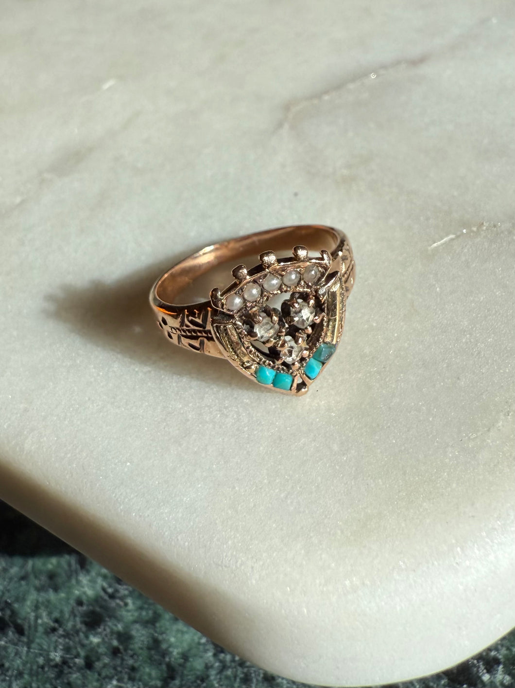 Rose Cut Diamond Seed Pearl Turquoise Victorian 10k Rosey Gold Ring Size 5.25