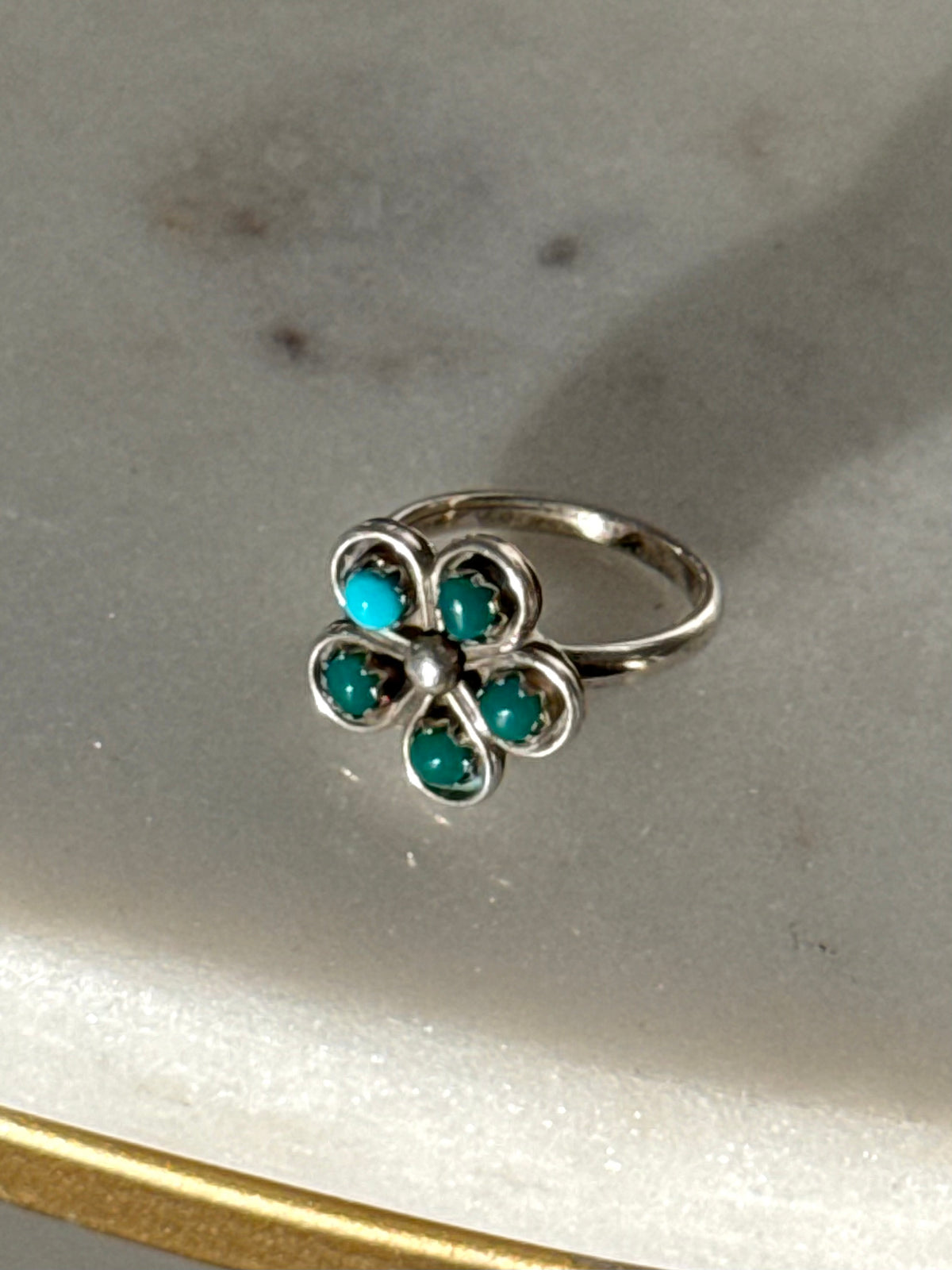 Vintage Turquoise Flower Sterling Silver Ring Size 2.5