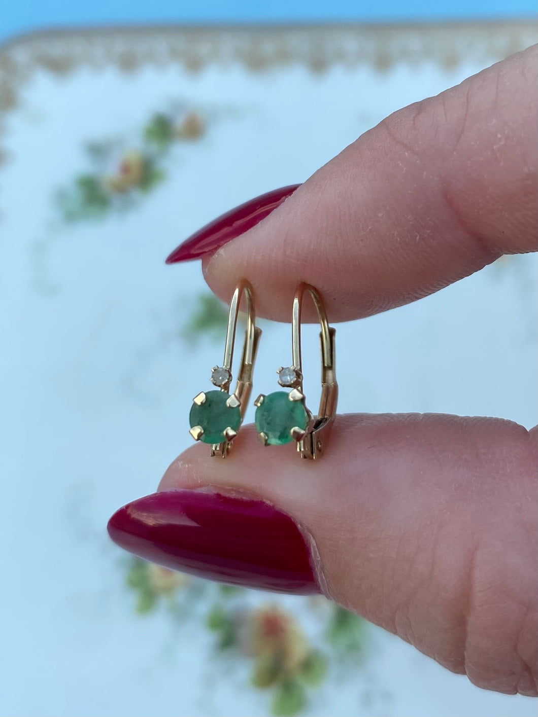 Natural Emerald & Diamond Vintage 10k Gold Earrings