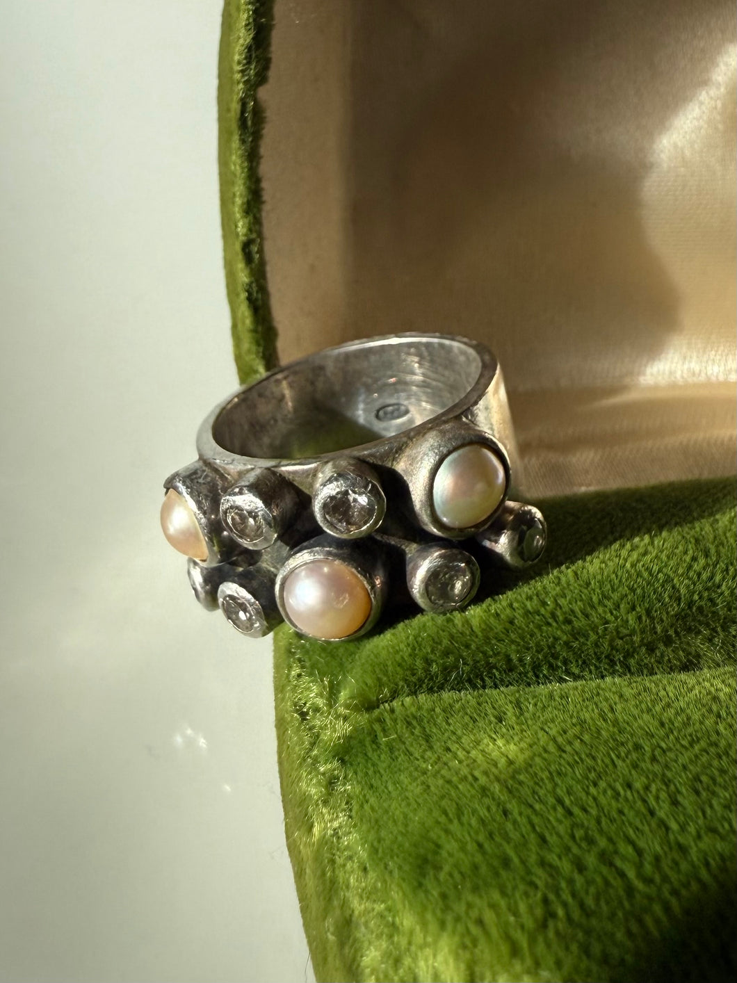 Pearl & CZ Sterling Silver Ring Size 6.5