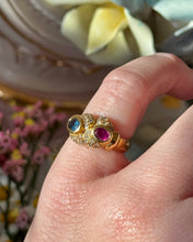 Load image into Gallery viewer, Vintage Solid 18k Yellow Gold Natural Sapphire &amp; Diamond Ring
