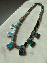 Load image into Gallery viewer, Vintage Modernist Era Mexican Crushed Turquoise Inlay Solid Sterling Silver Collar Necklace
