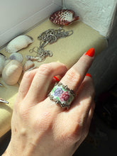 Load image into Gallery viewer, Floral Enamel Sterling Silver Ring Size 9.25
