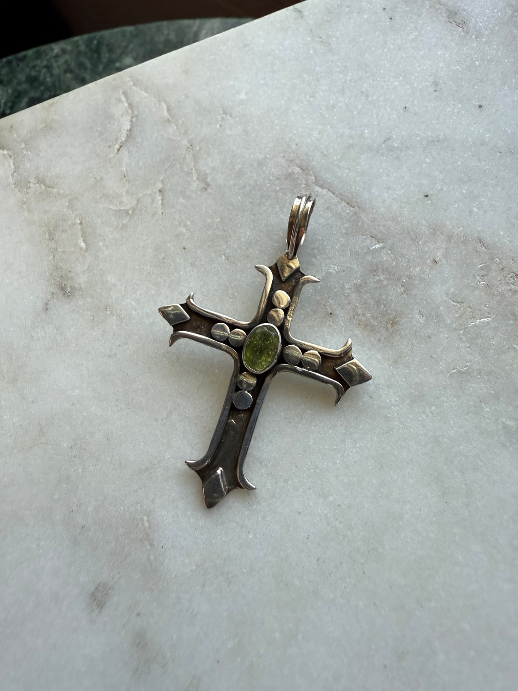 Green Stone Sterling Silver Cross Pendant