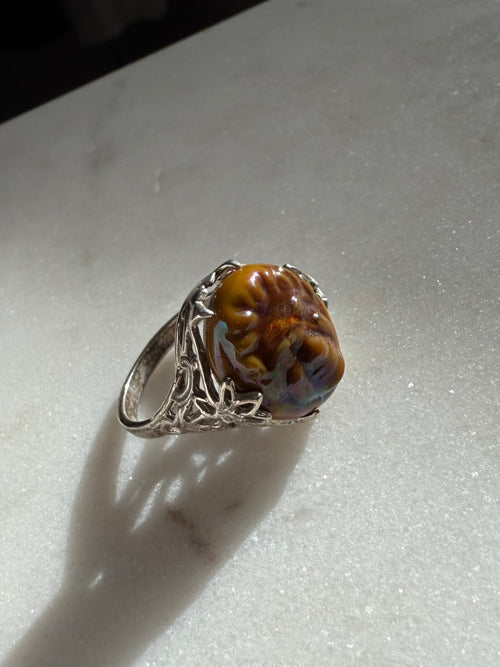 Carved Face Sterling Silver Ring Size 7.75