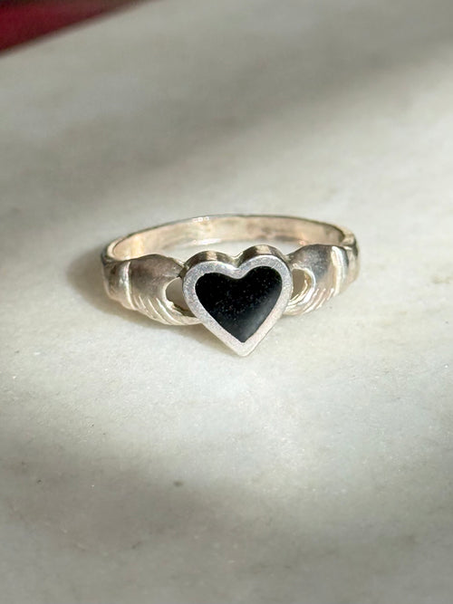 Black Enamel Heart Sterling Ring Size 7.5