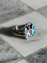 Load image into Gallery viewer, Crushed Coral &amp; Turquoise Sterling Silver Butterfly Ring Size 7.75
