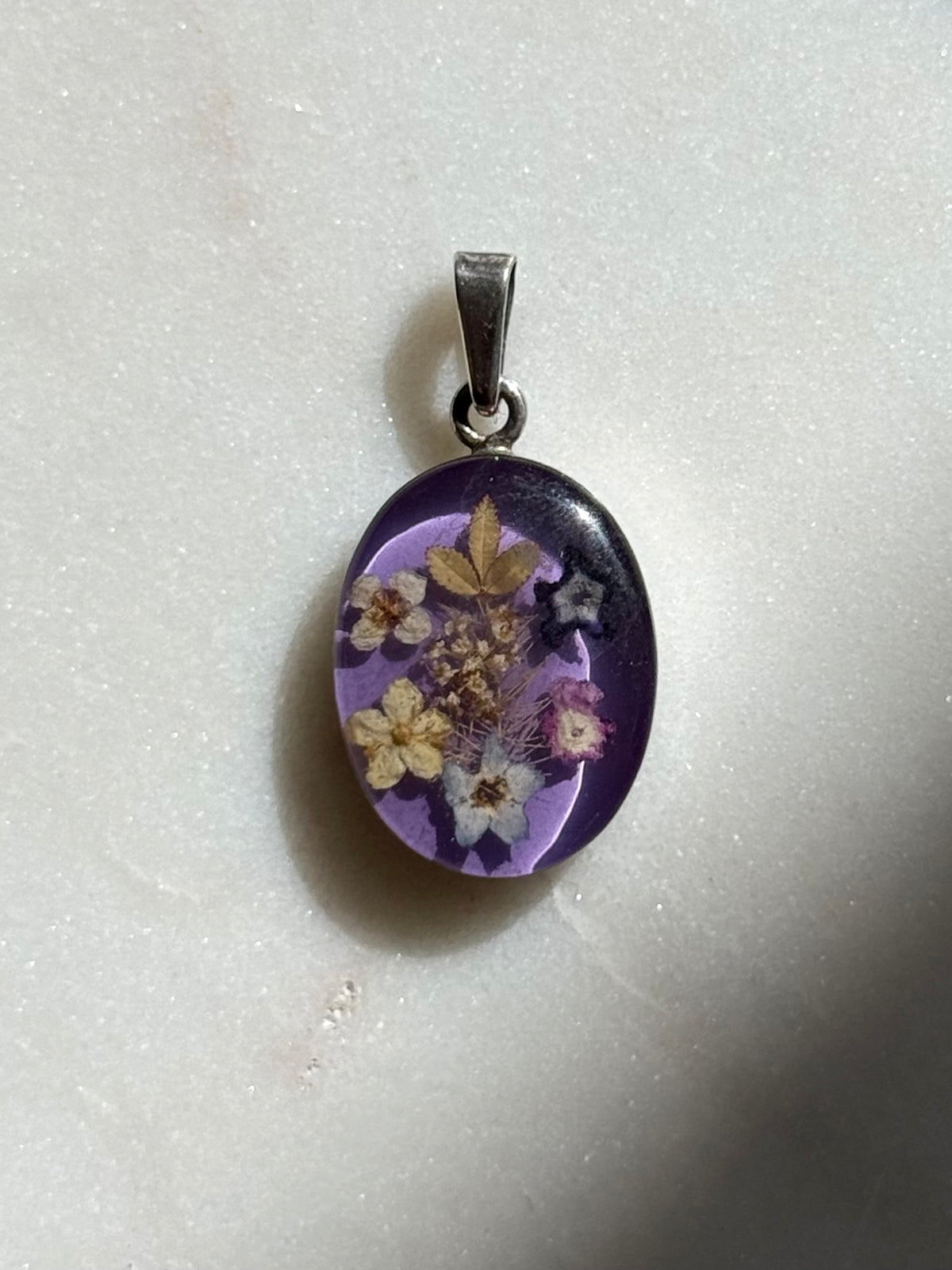 Purple Pressed Flowers Sterling Silver Pendant