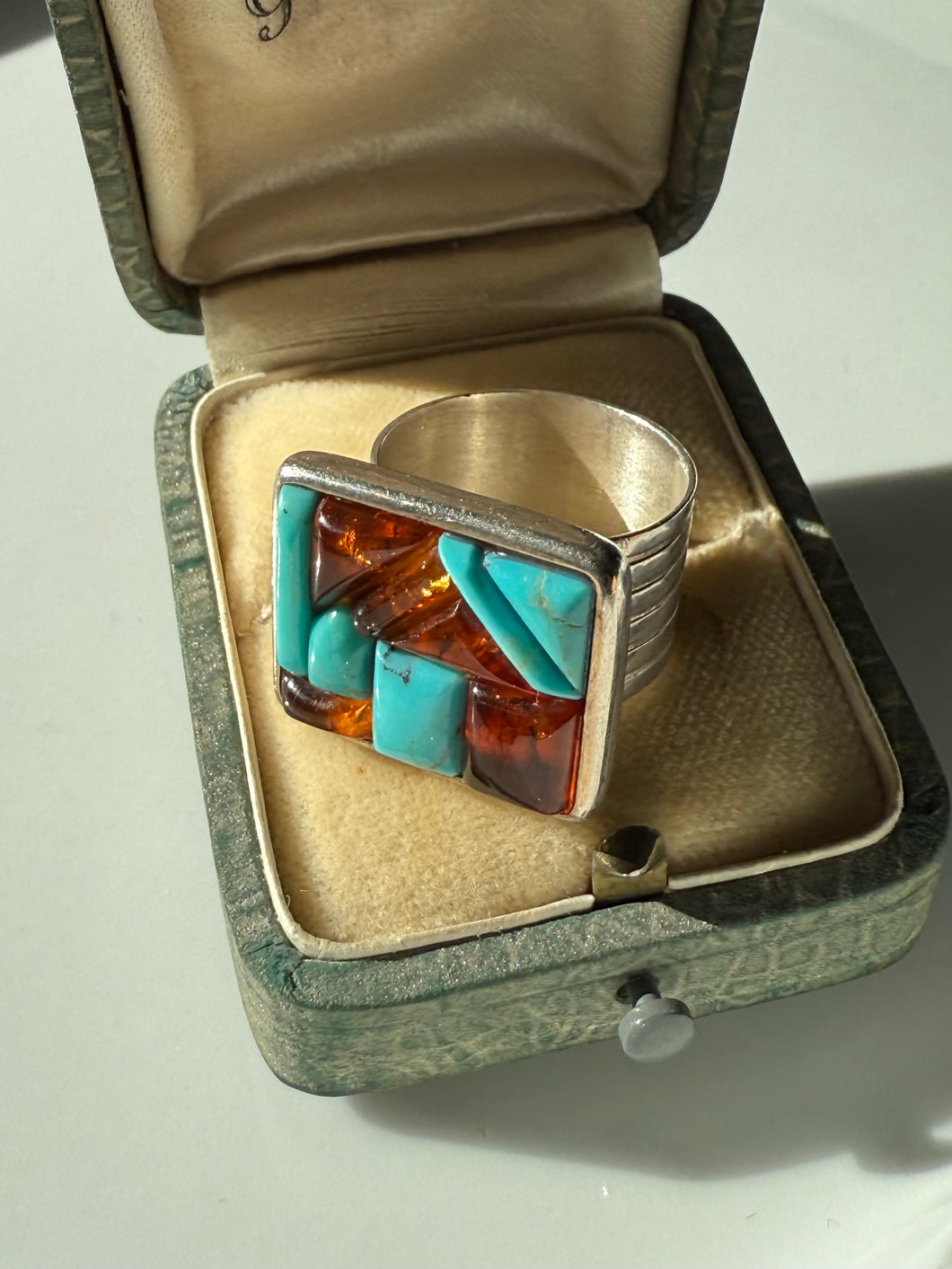Amber & Turquoise Sterling Silver Ring Size 6.75