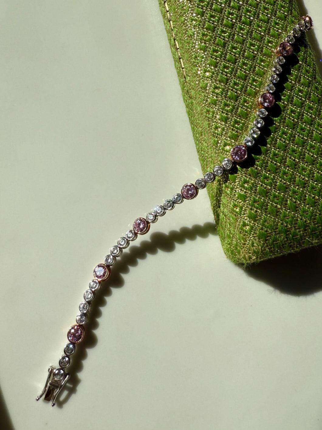 Pink Glass Bezel Set Sterling Silver Tennis Bracelet 7.25”