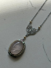 Load image into Gallery viewer, Vintage 1930s Rose Quartz Seed Pearl Enamel 10k White Gold Filigree Necklace 16”
