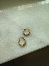 Load image into Gallery viewer, Floral Etched 14k Yellow Gold Mini Hoops
