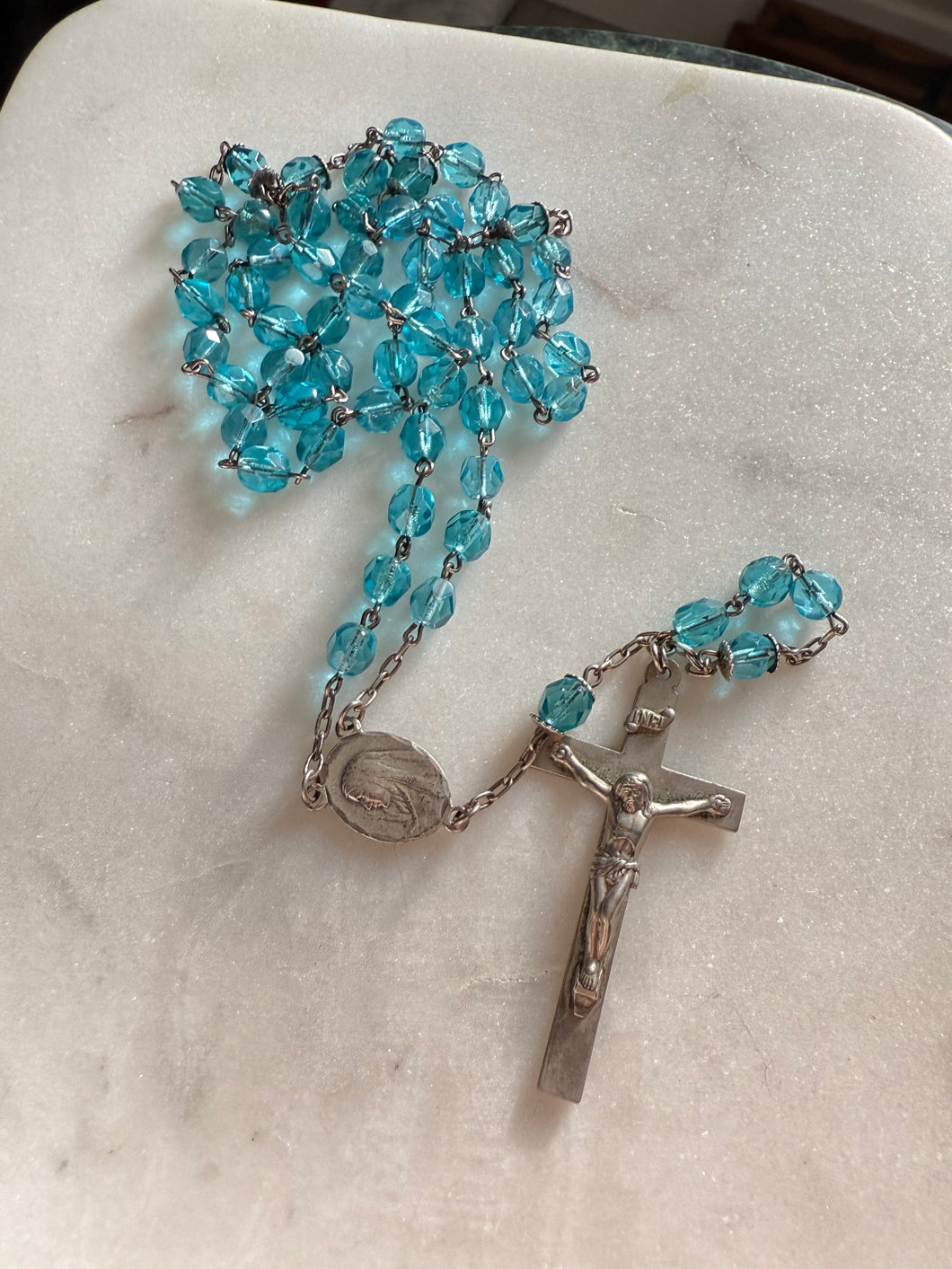 Vintage Blue Bead Sterling Silver Rosary 26”