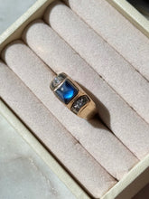 Load image into Gallery viewer, Vintage Blue Sapphire Sugarloaf &amp; Diamond Cabochon 14k Gold Ring Size 7.5
