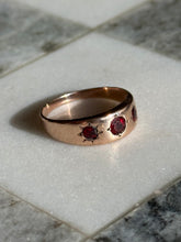 Load image into Gallery viewer, Garnet Starburst 10k Gold Trilogy Ring
